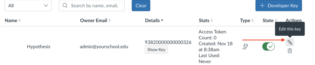 Image showing the Edit Key button for the LTI key